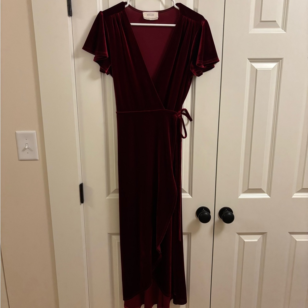 BHLDN Velvet High Low Dress in Deep Red